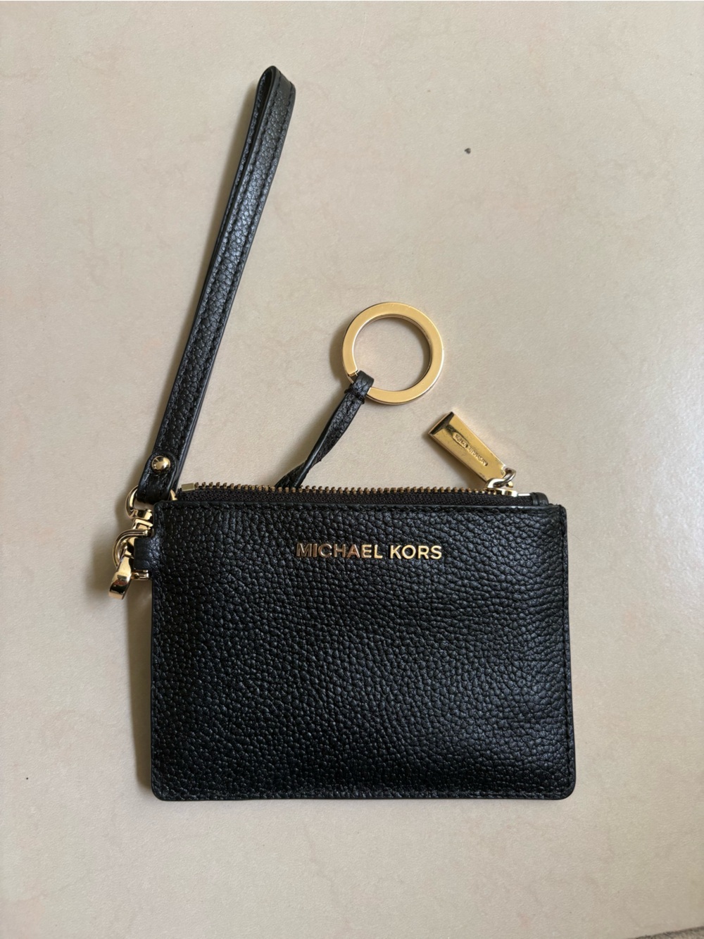 Michael Kors Black Pebbled Leather Wristlet Card Holder with Gold Hardware